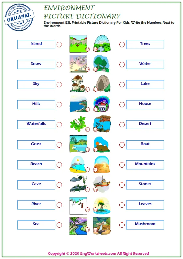 Environment ESL Printable Picture Dictionary For Kids. Write the Numbers Next to the Words. Worksheet Preview