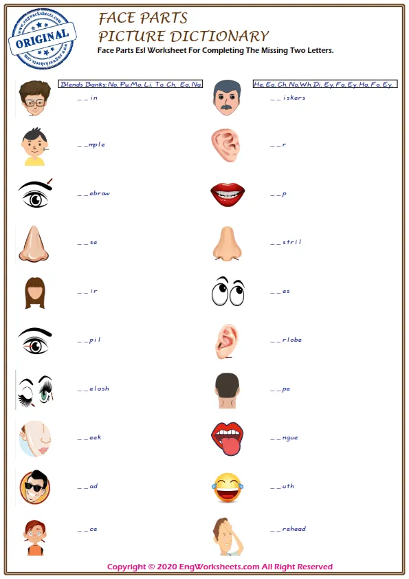 Face Parts Esl Worksheet For Completing The Missing Two Letters. Worksheet Preview