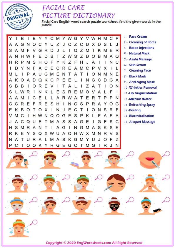 Facial Care English word search puzzle worksheet, find the given words in the puzzle. Worksheet Preview