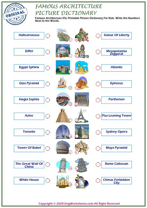 Famous Architecture ESL Printable Picture Dictionary For Kids. Write the Numbers Next to the Words. Worksheet Preview