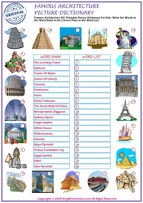 Famous Architecture ESL Printable Picture Dictionary For Kids. Write the Words in the Word Bank in the Correct Place in the Word List. Worksheet Preview
