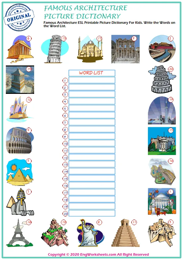 Famous Architecture ESL Printable Picture Dictionary For Kids. Write the Words on the Word List. Worksheet Preview
