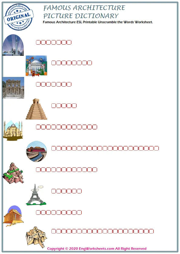 Famous Architecture ESL Printable Unscramble the Words Worksheet. Worksheet Preview