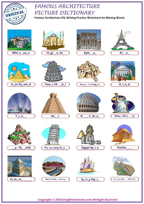 Famous Architecture ESL Writing Practice Worksheet for Missing Words. Worksheet Preview