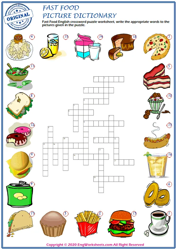 Fast Food English crossword puzzle worksheet, write the appropriate words to the pictures given in the puzzle. Worksheet Preview