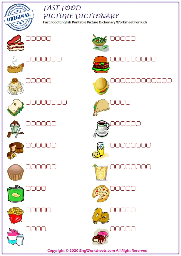 Fast Food English Printable Picture Dictionary Worksheet For Kids Worksheet Preview