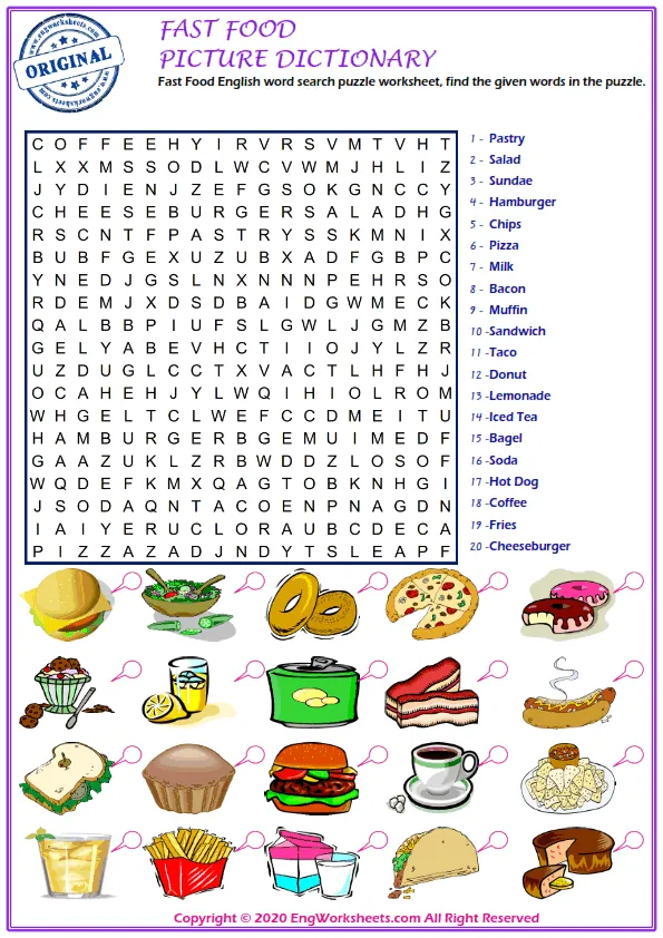 Fast Food English word search puzzle worksheet, find the given words in the puzzle. Worksheet Preview