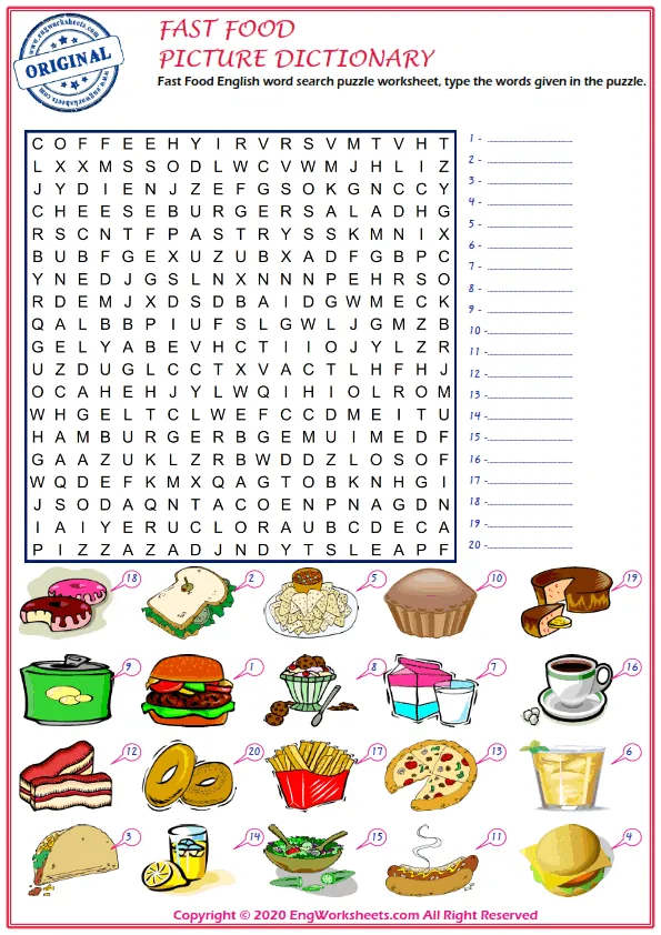 Fast Food English word search puzzle worksheet, type the words given in the puzzle. Worksheet Preview