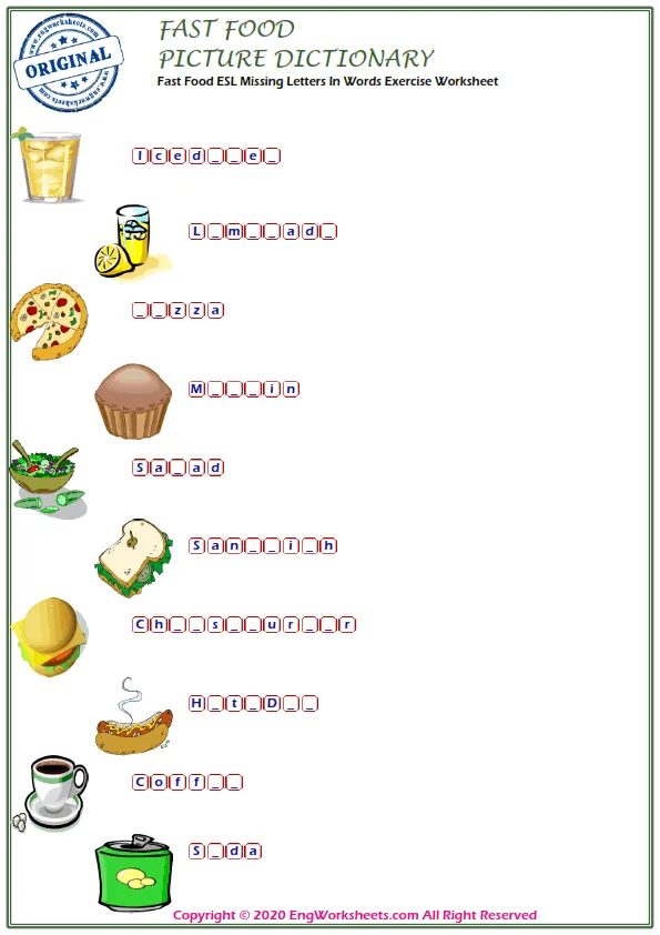 Fast Food ESL Missing Letters In Words Exercise Worksheet Worksheet Preview