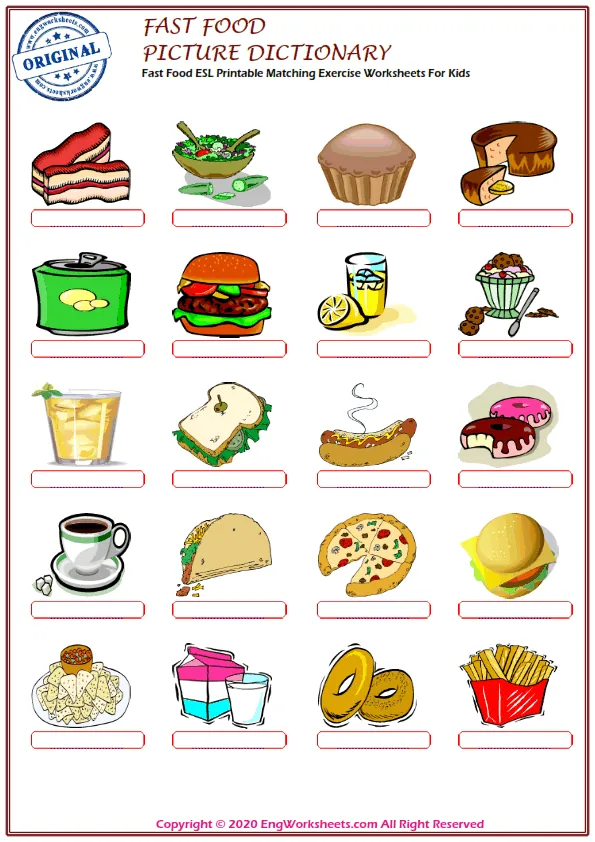 Fast Food ESL Printable Matching Exercise Worksheets For Kids Worksheet Preview