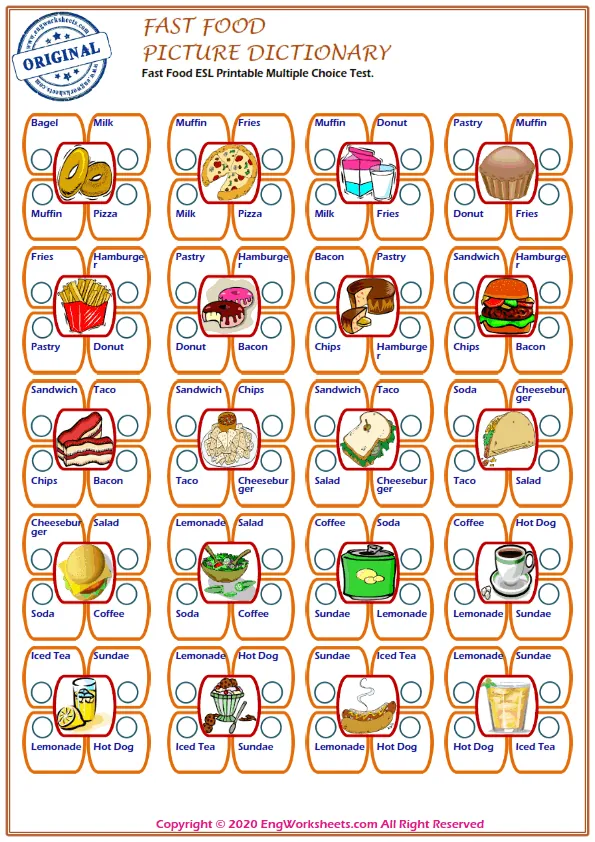 Fast Food ESL Printable Multiple Choice Test. Worksheet Preview