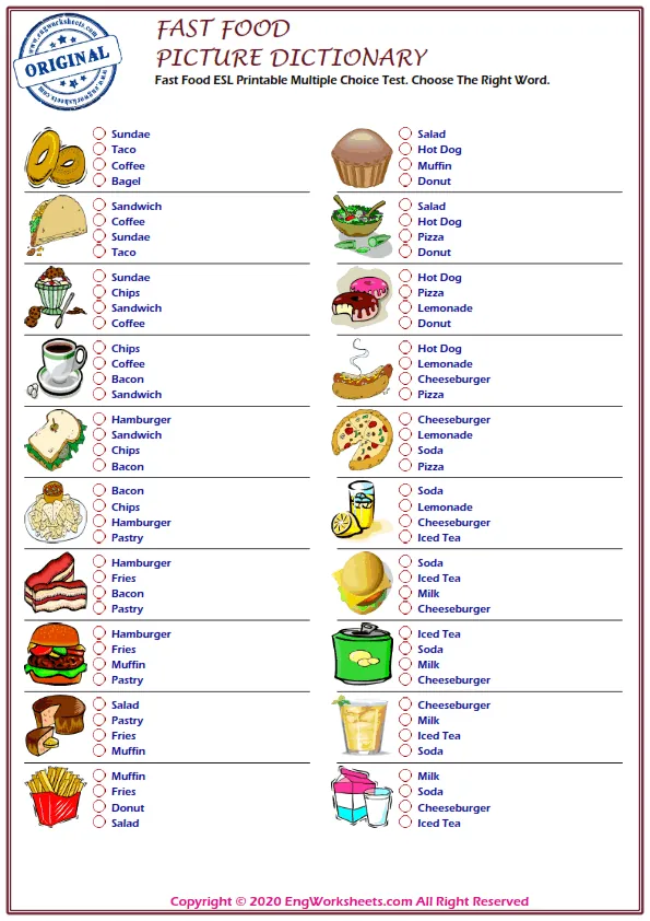 Fast Food ESL Printable Multiple Choice Test. Choose The Right Word. Worksheet Preview