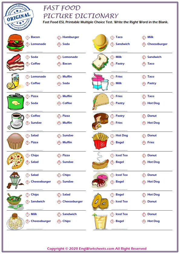 Fast Food ESL Printable Multiple Choice Test. Write the Right Word in the Blank. Worksheet Preview