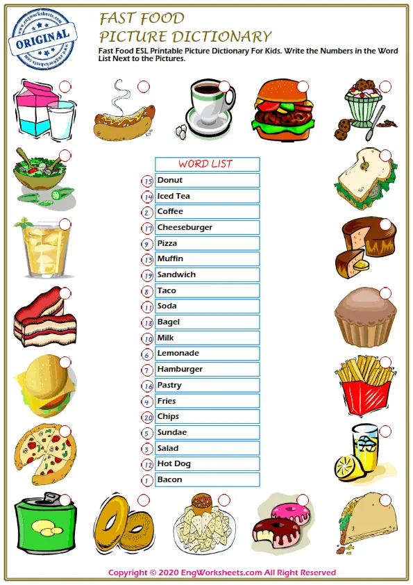 Fast Food ESL Printable Picture Dictionary For Kids. Write the Numbers in the Word List Next to the Pictures. Worksheet Preview