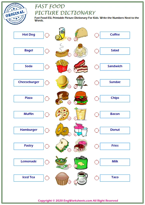 Fast Food ESL Printable Picture Dictionary For Kids. Write the Numbers Next to the Words. Worksheet Preview