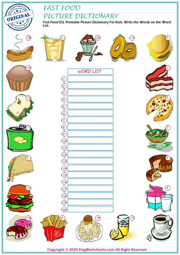 Fast Food ESL Printable Picture Dictionary For Kids. Write the Words on the Word List. Worksheet Preview