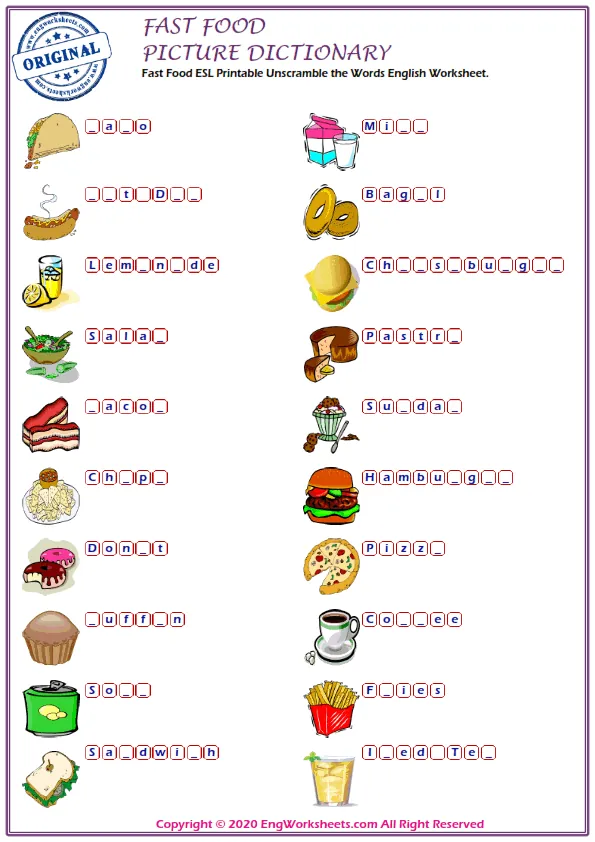 Fast Food ESL Printable Unscramble the Words English Worksheet. Worksheet Preview