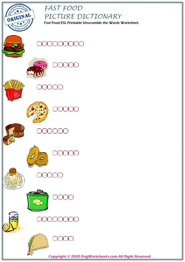 Fast Food ESL Printable Unscramble the Words Worksheet. Worksheet Preview