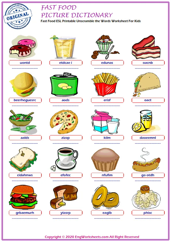 Fast Food ESL Printable Unscramble the Words Worksheet For Kids Worksheet Preview