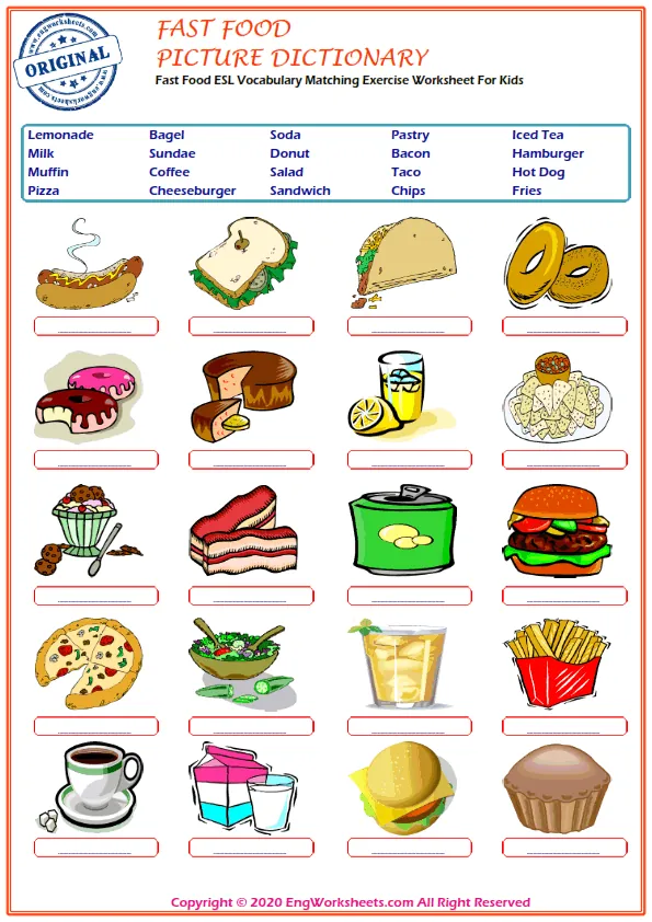 Fast Food ESL Vocabulary Matching Exercise Worksheet For Kids Worksheet Preview