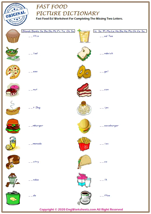 Fast Food Esl Worksheet For Completing The Missing Two Letters. Worksheet Preview