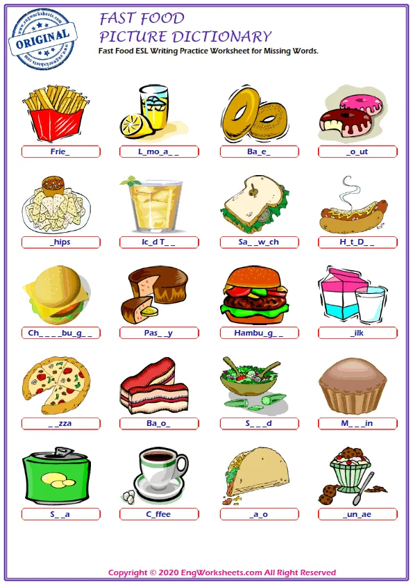 Fast Food ESL Writing Practice Worksheet for Missing Words. Worksheet Preview