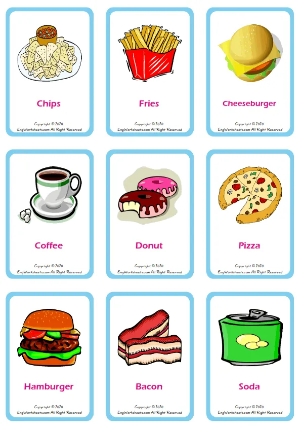 Fast Food vocabulary worksheet with words, nine images per page Worksheet Preview