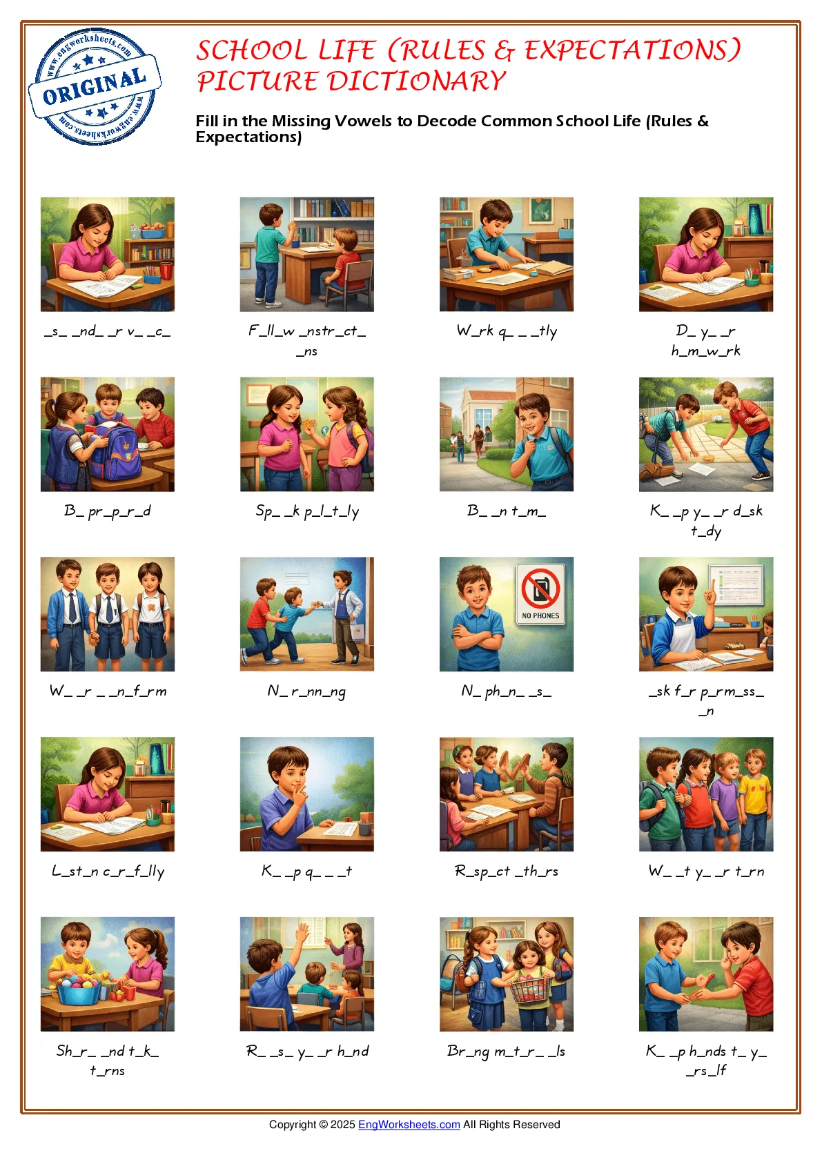 Fill in the Missing Vowels to Decode Common School Life (Rules & Expectations) Worksheet Preview