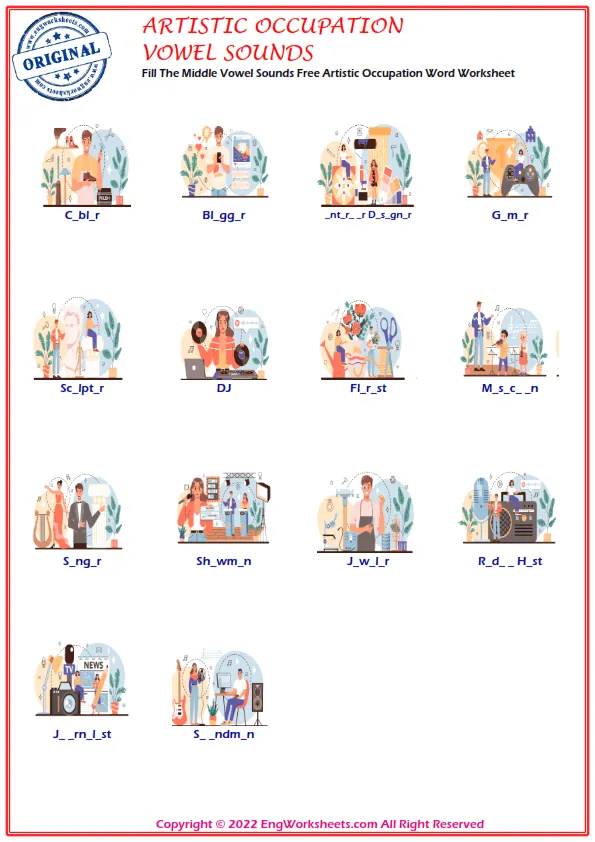 Fill The Middle Vowel Sounds Free Artistic Occupation Word Worksheet Worksheet Preview