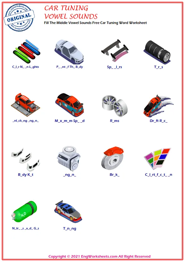 Fill The Middle Vowel Sounds Free Car Tuning Word Worksheet Worksheet Preview