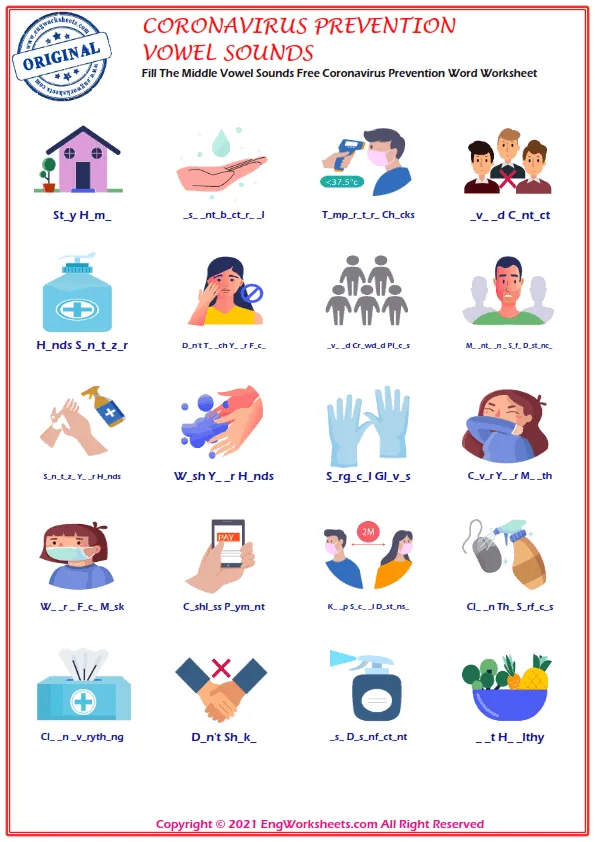 Fill The Middle Vowel Sounds Free Coronavirus Prevention Word Worksheet Worksheet Preview