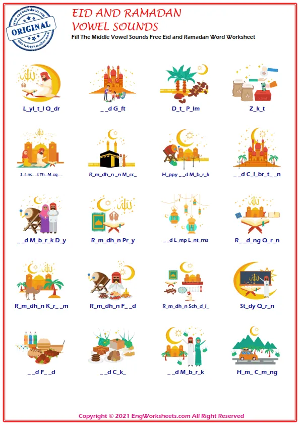 Fill The Middle Vowel Sounds Free Eid and Ramadan Word Worksheet Worksheet Preview