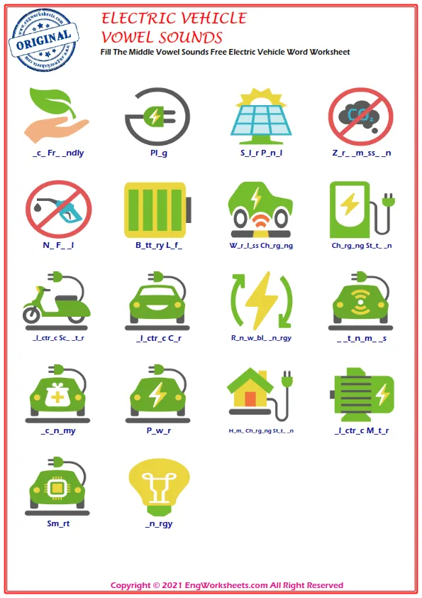Fill The Middle Vowel Sounds Free Electric Vehicle Word Worksheet Worksheet Preview