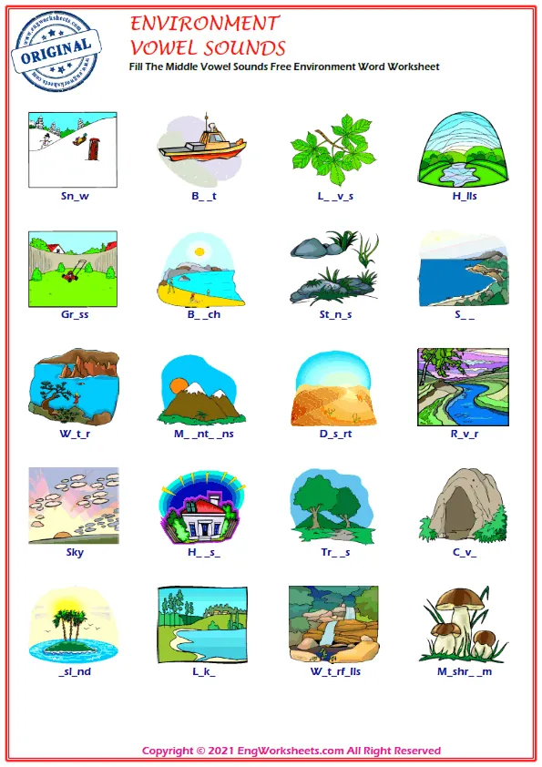 Fill The Middle Vowel Sounds Free Environment Word Worksheet Worksheet Preview