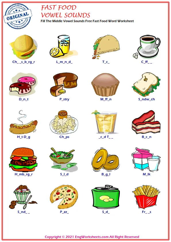 Fill The Middle Vowel Sounds Free Fast Food Word Worksheet Worksheet Preview