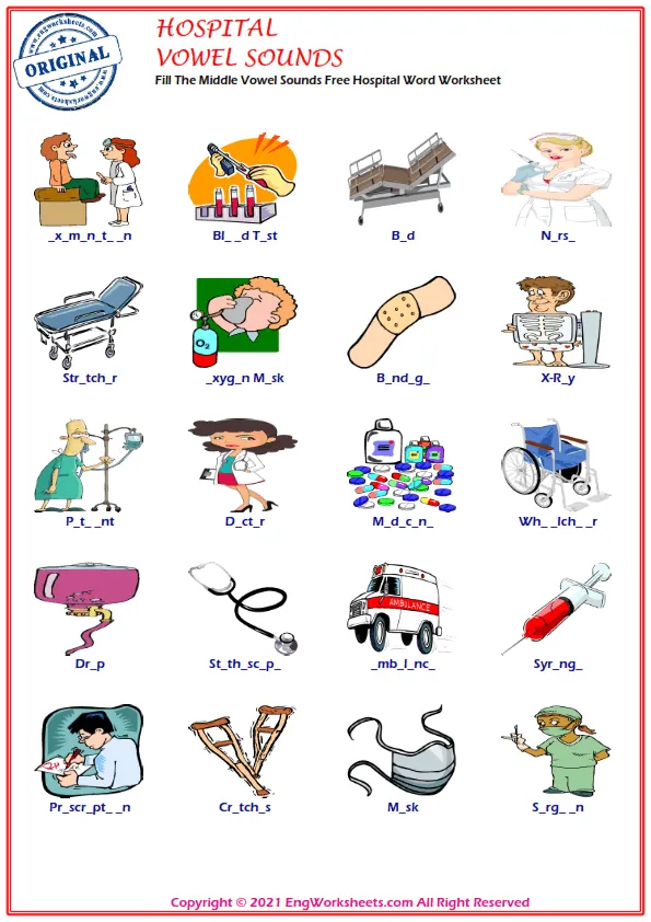 Fill The Middle Vowel Sounds Free Hospital Word Worksheet Worksheet Preview