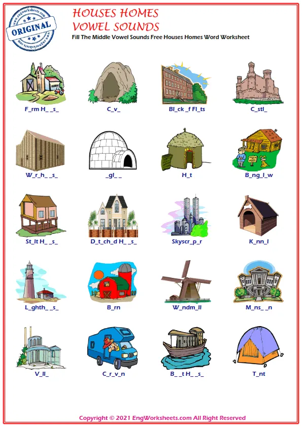 Fill The Middle Vowel Sounds Free Houses Homes Word Worksheet Worksheet Preview