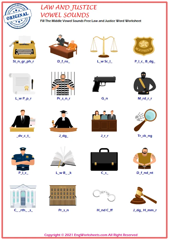 Fill The Middle Vowel Sounds Free Law and Justice Word Worksheet Worksheet Preview