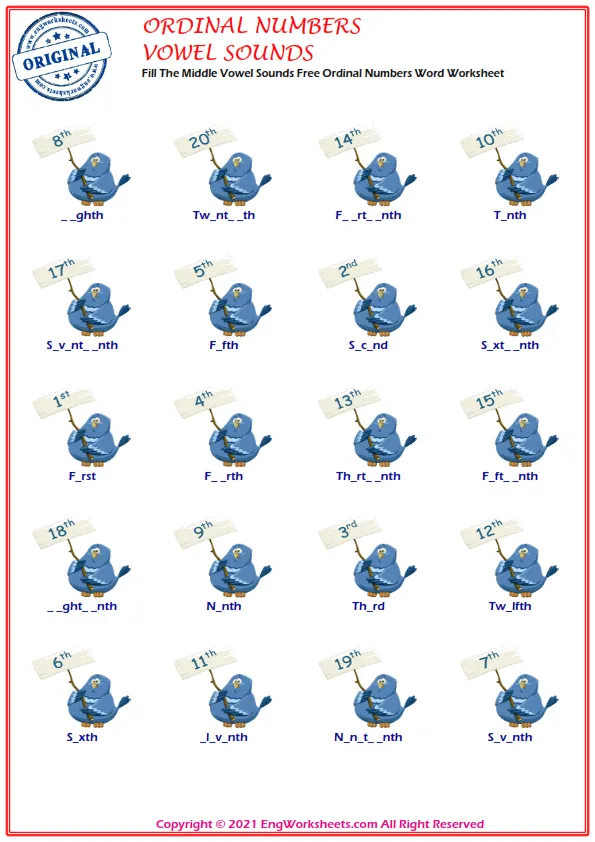 Fill The Middle Vowel Sounds Free Ordinal Numbers Word Worksheet Worksheet Preview