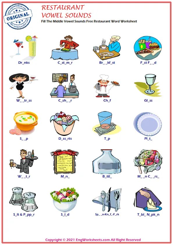 Fill The Middle Vowel Sounds Free Restaurant Word Worksheet Worksheet Preview