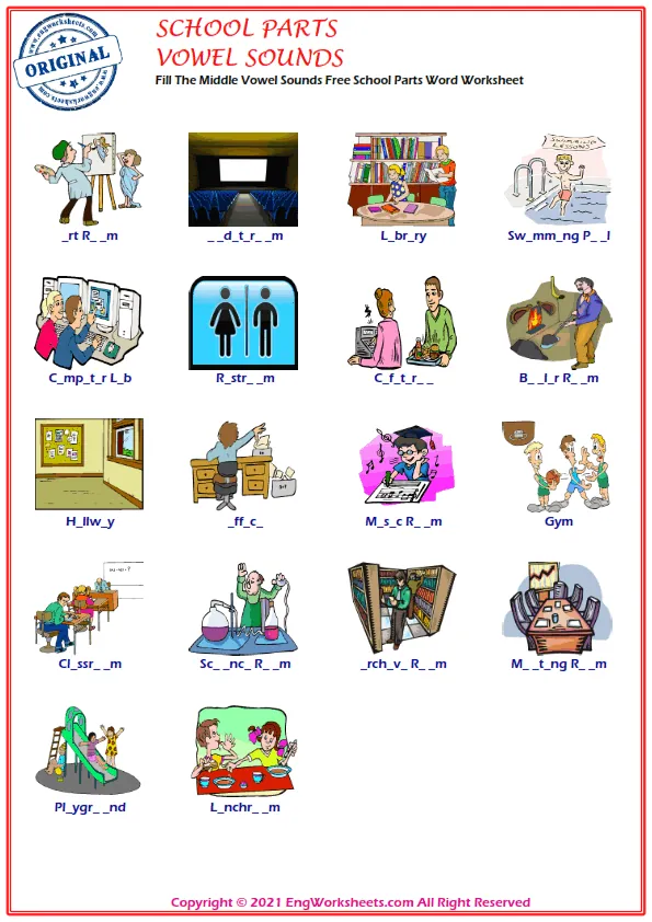 Fill The Middle Vowel Sounds Free School Parts Word Worksheet Worksheet Preview