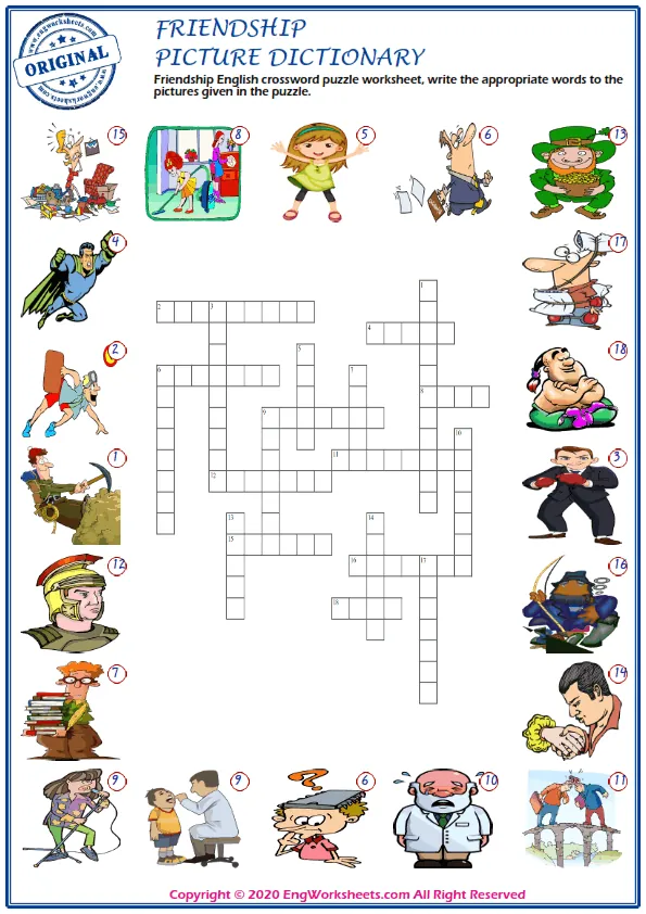 Friendship English crossword puzzle worksheet, write the appropriate words to the pictures given in the puzzle. Worksheet Preview
