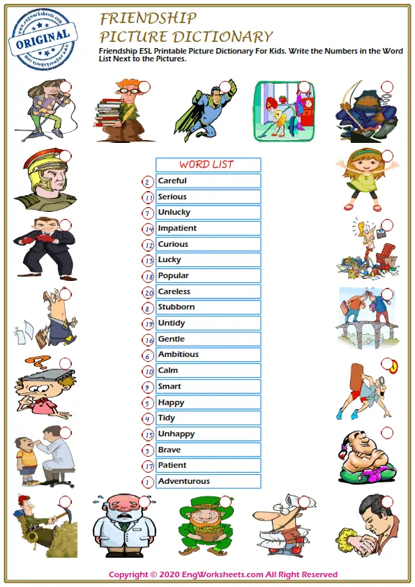 Friendship ESL Printable Picture Dictionary For Kids. Write the Numbers in the Word List Next to the Pictures. Worksheet Preview