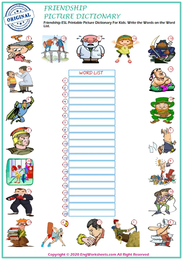 Friendship ESL Printable Picture Dictionary For Kids. Write the Words on the Word List. Worksheet Preview