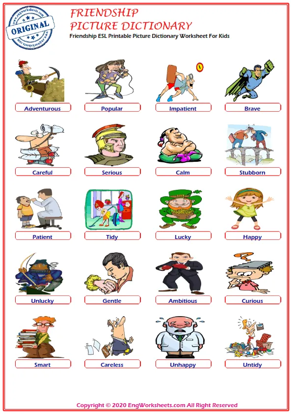 Friendship ESL Printable Picture Dictionary Worksheet For Kids Worksheet Preview