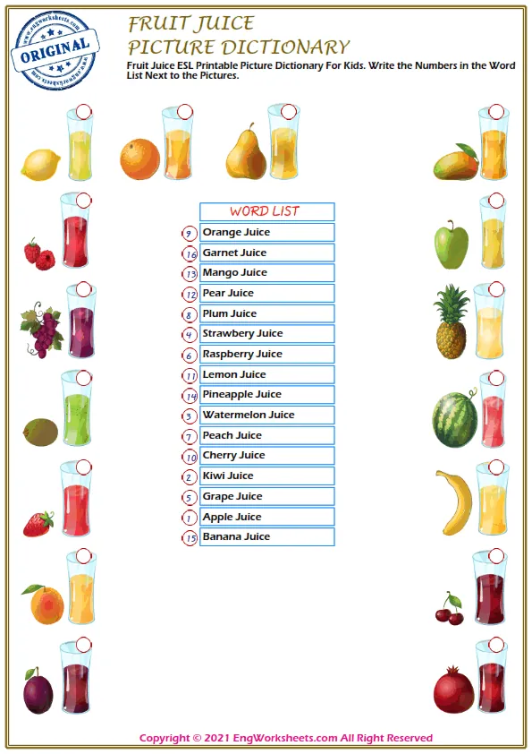 Fruit Juice ESL Printable Picture Dictionary For Kids. Write the Numbers in the Word List Next to the Pictures. Worksheet Preview