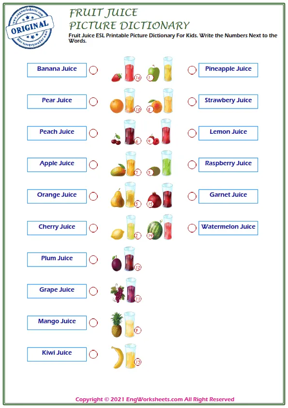 Fruit Juice ESL Printable Picture Dictionary For Kids. Write the Numbers Next to the Words. Worksheet Preview