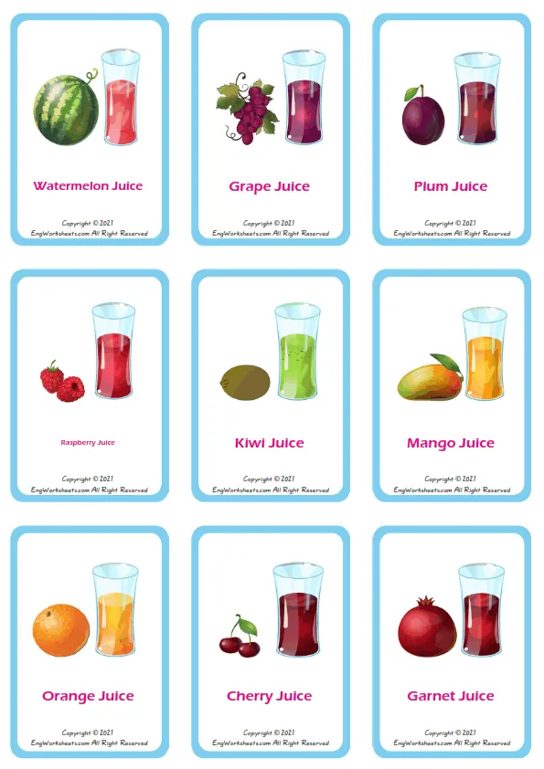 Fruit Juice vocabulary worksheet with words, nine images per page Worksheet Preview