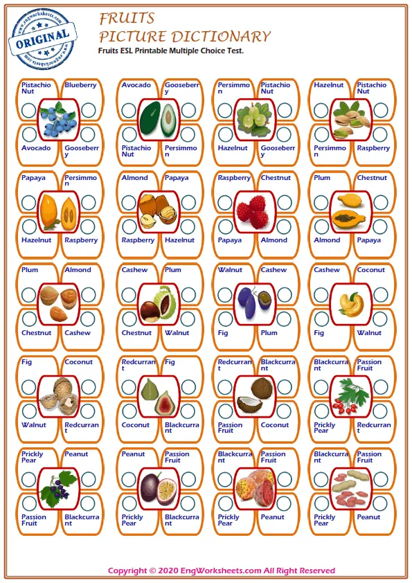 Fruits ESL Printable Multiple Choice Test. Worksheet Preview