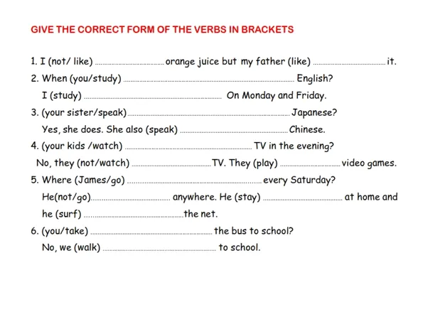 Simple Present Of Verbs Worksheet Preview